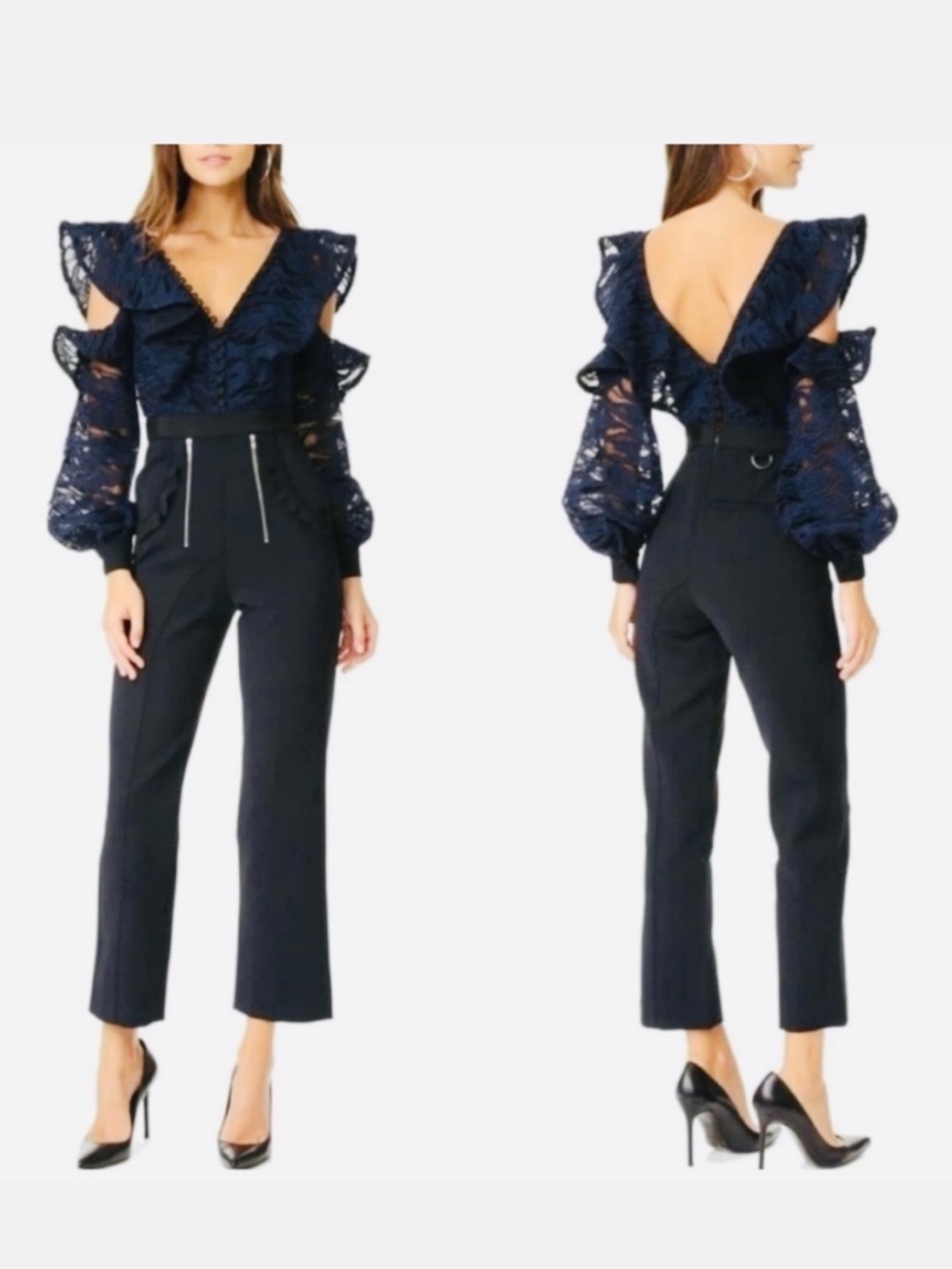 SELF PORTRAIT Black & Navy Lace Frill Jumpsuit